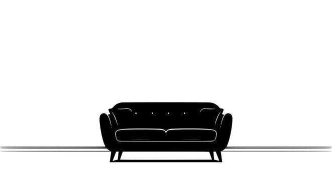 Minimalist black sofa silhouette icon on white background