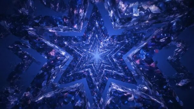 Mesmerizing Tunnel of Light within Abstract Star-Shaped Crystal Formations in Dark Blue Space