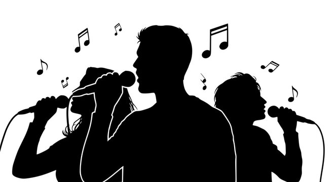 Silhouette of Three People Singing with Microphones and Musical Notes