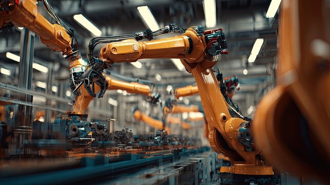 Industrial robot arms working on an automated manufacturing assembly line