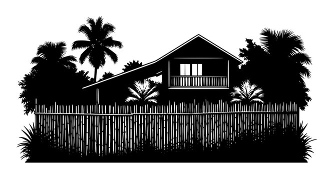 Tropical Beach House Silhouette with Palm Trees and Bamboo Fence