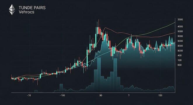 Cryptocurrency price chart with candlestick and volume bars on dark background