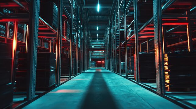 Futuristic warehouse aisle with smart logistics system operating