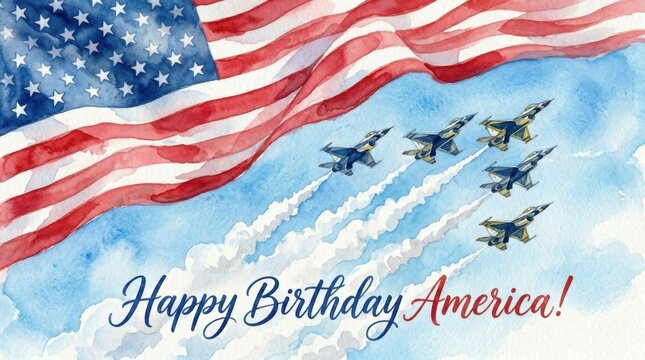 Happy Birthday America Card with Waving Flag and Jet Flyover