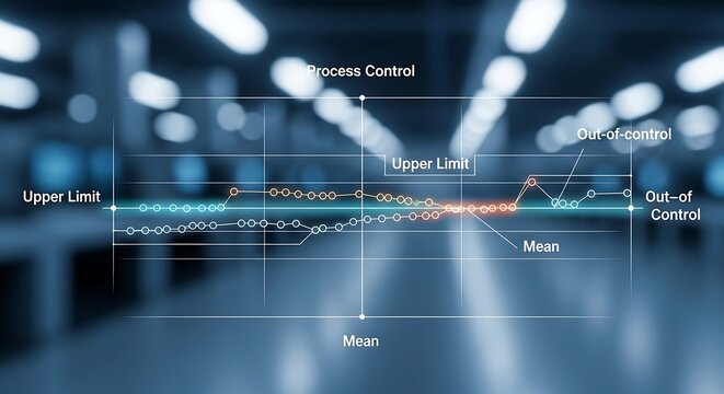 Data visualization overlaying factory floor, showing process control, limits, and deviations