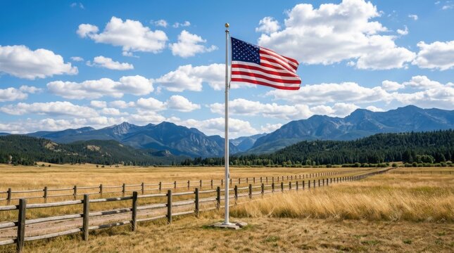 Patriotic USA Flag in Scenic Mountain Valley Field