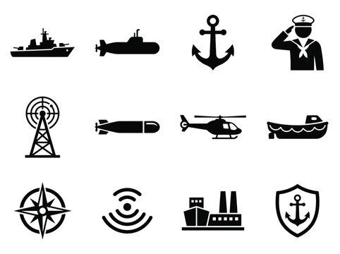 Navy and Maritime Control Silhouette Icon Set, Ship Anchor Radar Compass Security Icons
