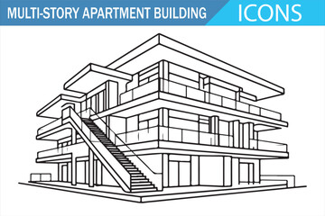 Urban Apartment Block Exterior Sketch in Minimal Line Art Style © MDSUMON