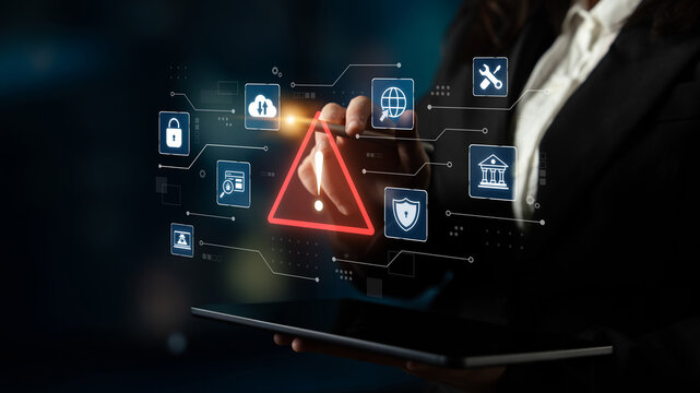 Exclamation alert symbol in digital system network reflecting AI threat, virus, and risk detection. Corpus
