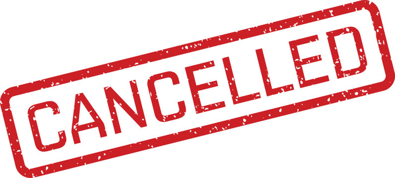 A grunge textured rectangular red rubber stamp displaying the bold word CANCELLED diagonally across its face