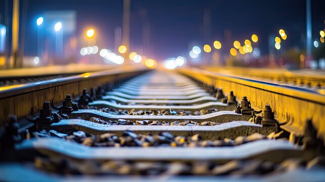 Railroad track extending into distance at night with bokeh lights