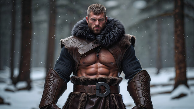 Muscular man in a snowy forest wearing a thick leather tunic and fur with embossed bracers under falling winter flakes generative AI