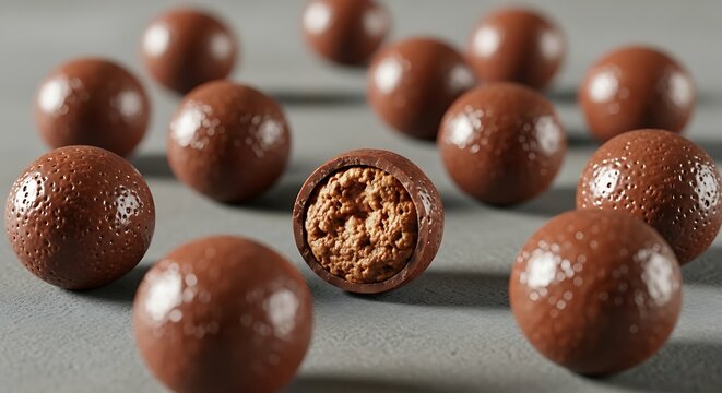 A detailed close-up shot of a group of delicious chocolate malt balls arranged on a neutral grey textured background with one cut in half revealing the core.