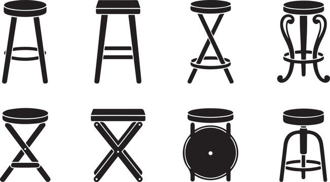 Assortment of black silhouette bar stools and chairs with different on white background