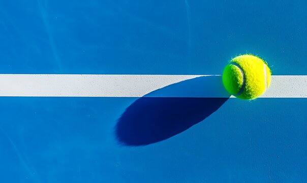 Tennis ball casting long shadow on blue court with white line marking.