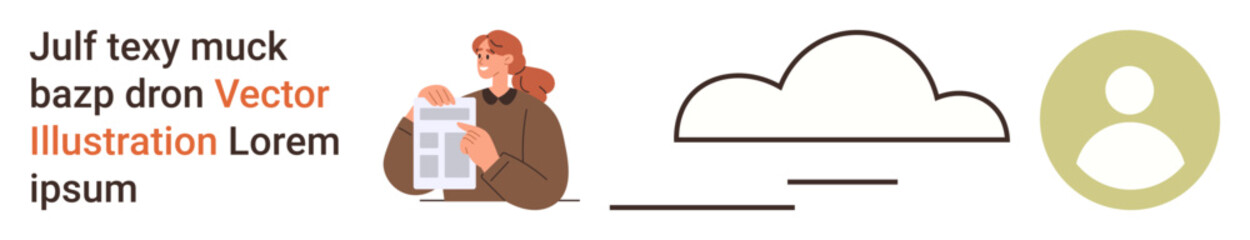 Data management, information sharing, digital communication, user interface design, cloud storage, identity . A figure reading documents, with a cloud and profile icon displayed. Data management © robu_s