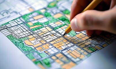 Naklejka premium Close up shot of hand drawing a detailed city map with colored pencils on paper.