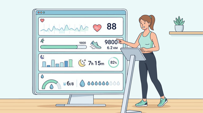 Woman using fitness tracker on treadmill in gym with screen display