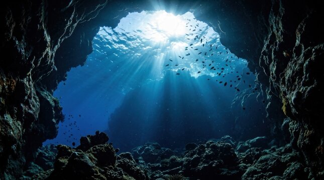 Sunlight Beams Shining into Dark Underwater Cavern