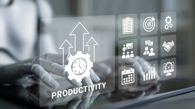 A futuristic scene showcasing a robotic hand interacting with a digital interface full of productivity icons, symbolizing innovation and efficiency in business environments. Ledger