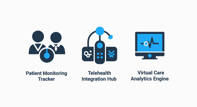 Patient monitoring tracker telehealth integration hub virtual care analytics engine icons with digital health heart rate home care telehealth healthcare technology pictogram illustration