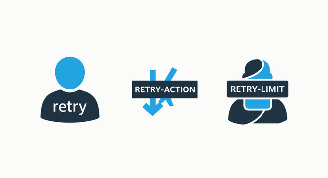 Retry action and limit icons representing user attempts and system restrictions in digital interfaces with dark blue light blue white background try again attempt limit user interface