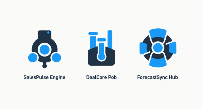 Sales pulse engine deal core pob forecast sync hub icons for business software components and data management with dark blue light blue white background forecast business software application