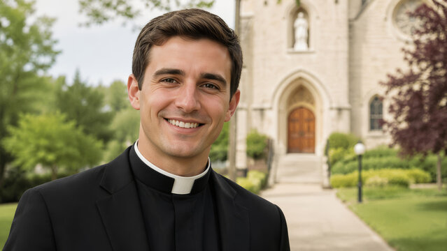 Smiling Young Catholic Priest in Clerical Collar Standing Outside a Church Building