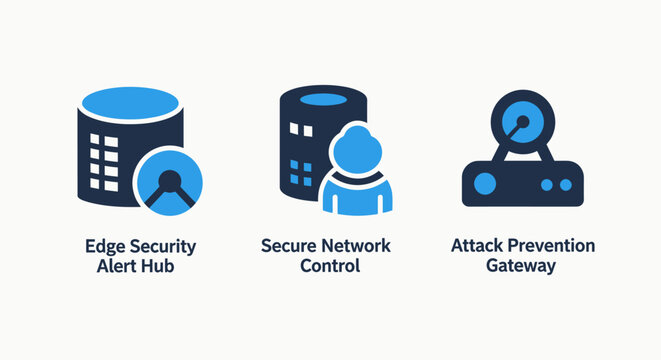 Cybersecurity icons: edge security hub network control attack prevention with secure network data security access control data center digital security information security cyber defense