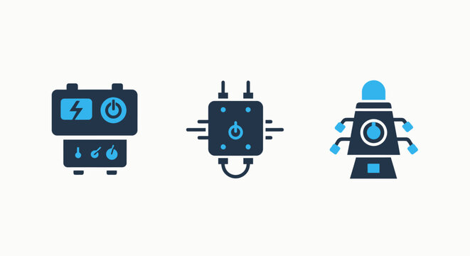 Power and energy icons: power generator electrical unit satellite with power supply power management energy production renewable energy electricity distribution orbital mechanics power grid