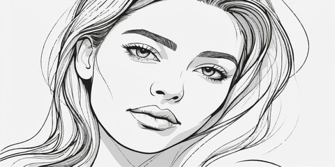 Fototapeta premium Minimalist Black and White Line Art Portrait of Beautiful Woman with Flowing Hair