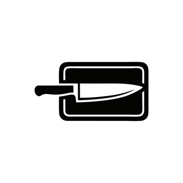 Minimalist Kitchen Chef Knife and Cutting Board Logo Vector Illustration Black and White Cooking Icon Isolated on White Background for Culinary and Restaurant Branding