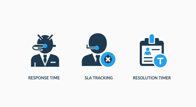 Customer support service level agreement monitoring and user profile data management icons with monitoring tracking customer helpdesk identification corporate business communication technical