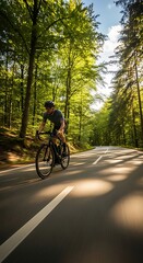 Naklejka premium Cyclist rides down a sun-dappled asphalt road through a vibrant green forest