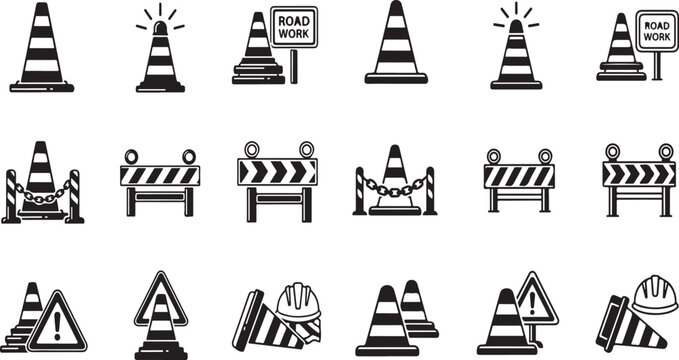 A set of road construction icons including traffic cones, road signs, and barriers on a white background