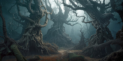 Naklejka premium Gnarled ancient trees with twisted roots in dark misty forest. Spooky woodland landscape with dense fog and eerie atmosphere.