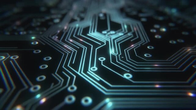 Futuristic digital circuit board with glowing cyan data lines. Abstract motherboard background featuring electronic pathways. High tech information processing. Dark blue technology theme background.