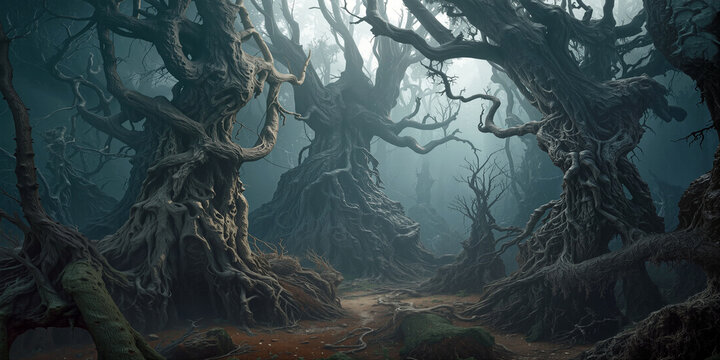 Gnarled ancient trees with twisted roots in dark misty forest. Spooky woodland landscape with dense fog and eerie atmosphere.