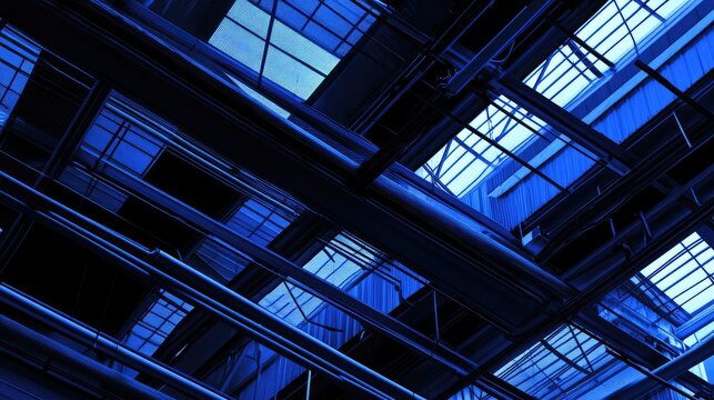 Architectural ceiling grid with industrial pipes and skylights