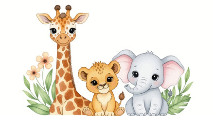 Obraz premium Cute giraffe, lion, and elephant illustration