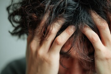 Fototapeta premium Exhausted individual with head in hands