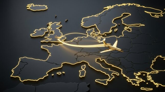 Abstract Europe Map with Golden Borders and Glowing Flight Path