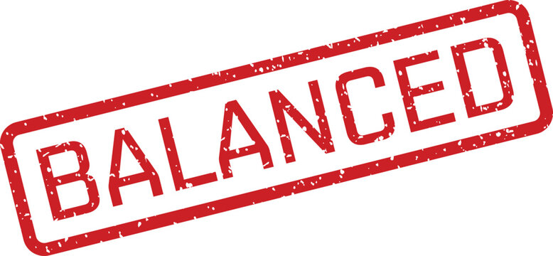Red rectangular grunge stamp featuring the word BALANCED prominently displayed on a clean white background