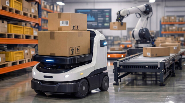 Autonomous mobile robot transporting cardboard boxes in modern fulfillment center. Robotic arm and conveyor system managing inventory in automated smart warehouse.