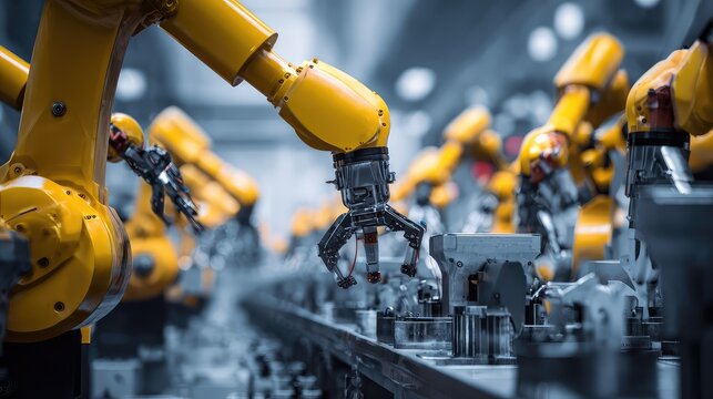 Industrial robotic arms operating on manufacturing assembly line