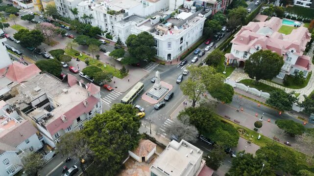 Aerial drone video of the Don Jos&eacute; de San Mart&iacute;n monument in Barranco&rsquo;s cultural district, Lima, Peru.