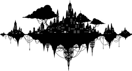Fototapeta premium Fantasy floating island city silhouette with spires and cables