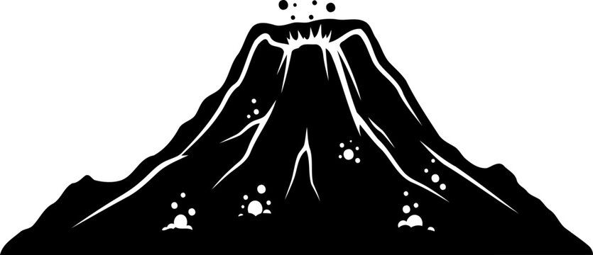 Erupting volcano silhouette spews ash and volcanic rock into the air