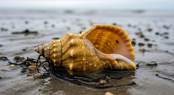 whelk shell with water droplets on transparent background high quality professional detailed