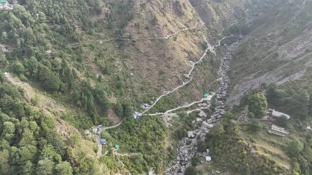 Aerial View of Deep Himalayan Gorge Near Bhagsu Nag Waterfall